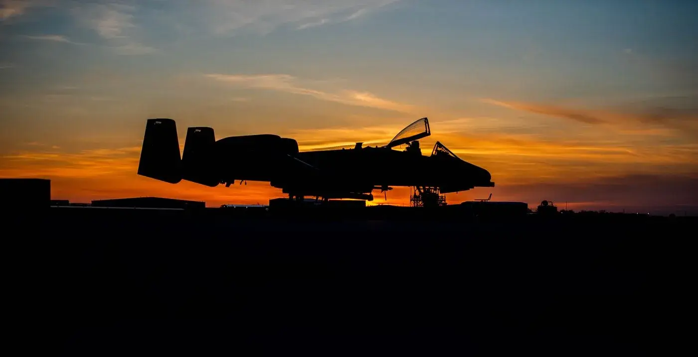 Idaho Air National Guard A-10 Thunderbolt II silhouetted against a sunset in Boise, Idaho, photo by Rusty Rehl